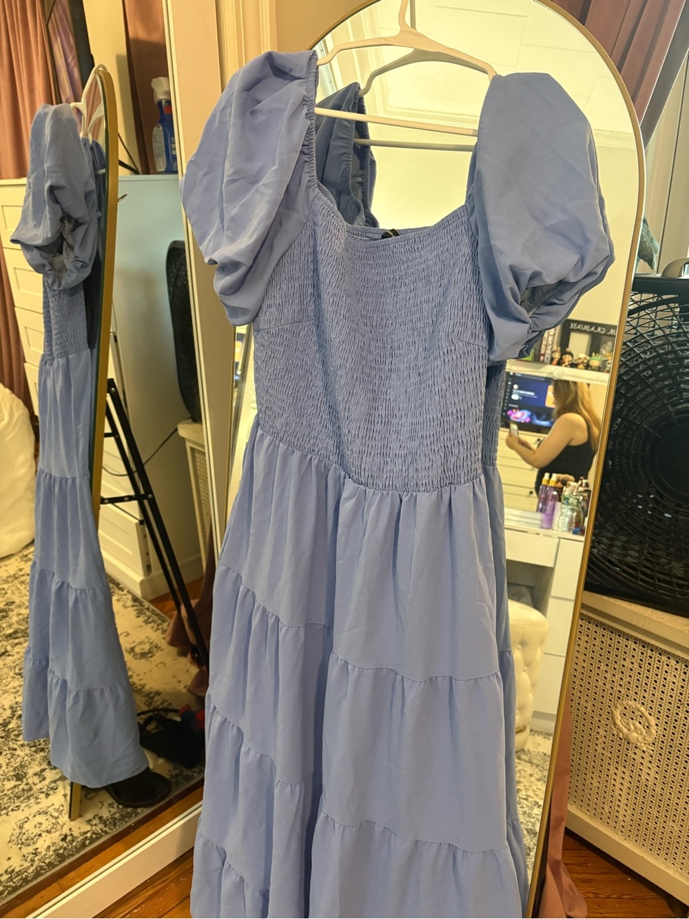 Smocked Puff Sleeve Tiered Maxi Dress - periwinkle color